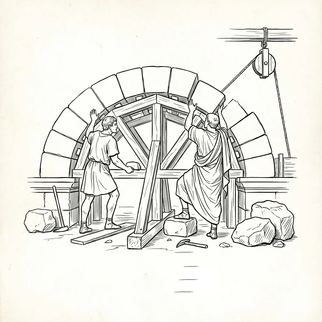 Grabado de albañiles romanos construyendo un arco